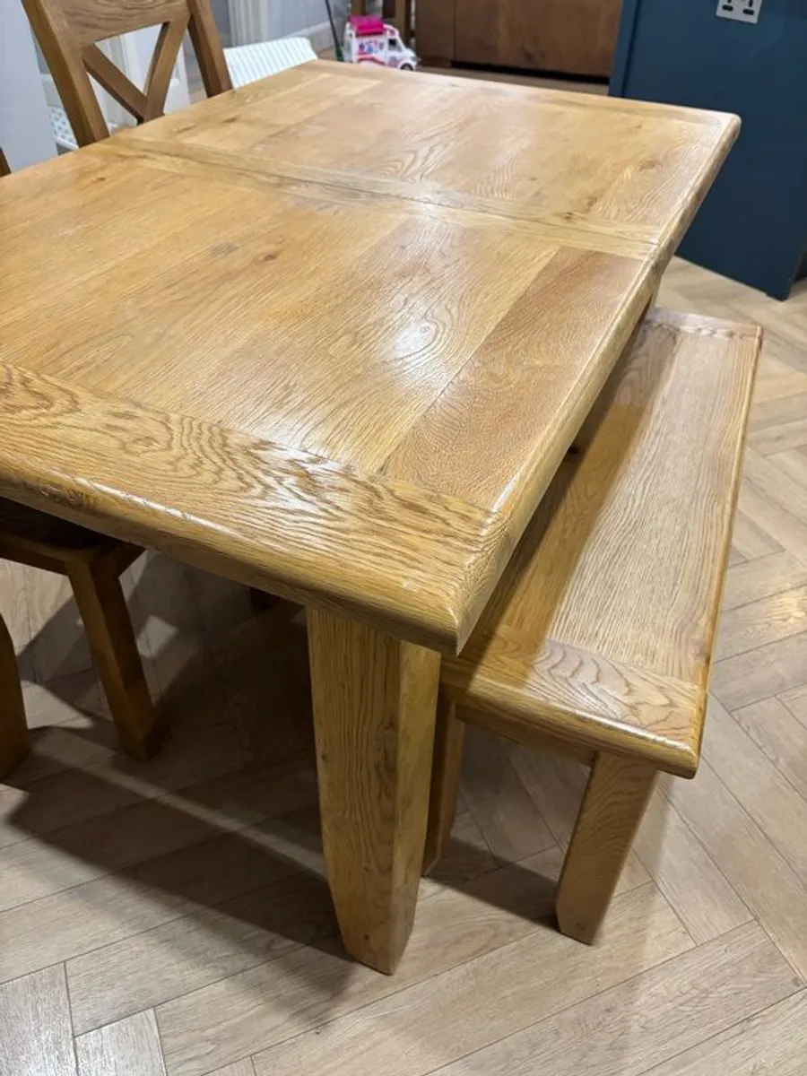 Solid Oak Extendable Dining Table 2 chairs & a bench - Image 2