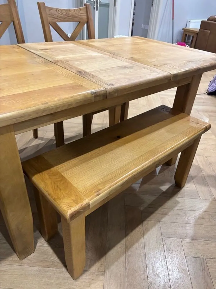 Solid Oak Extendable Dining Table 2 chairs & a bench - Image 3