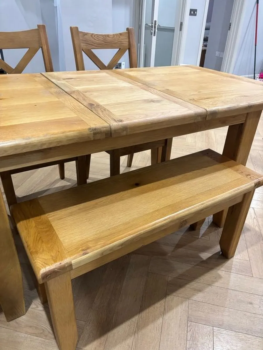Solid Oak Extendable Dining Table 2 chairs & a bench - Image 4