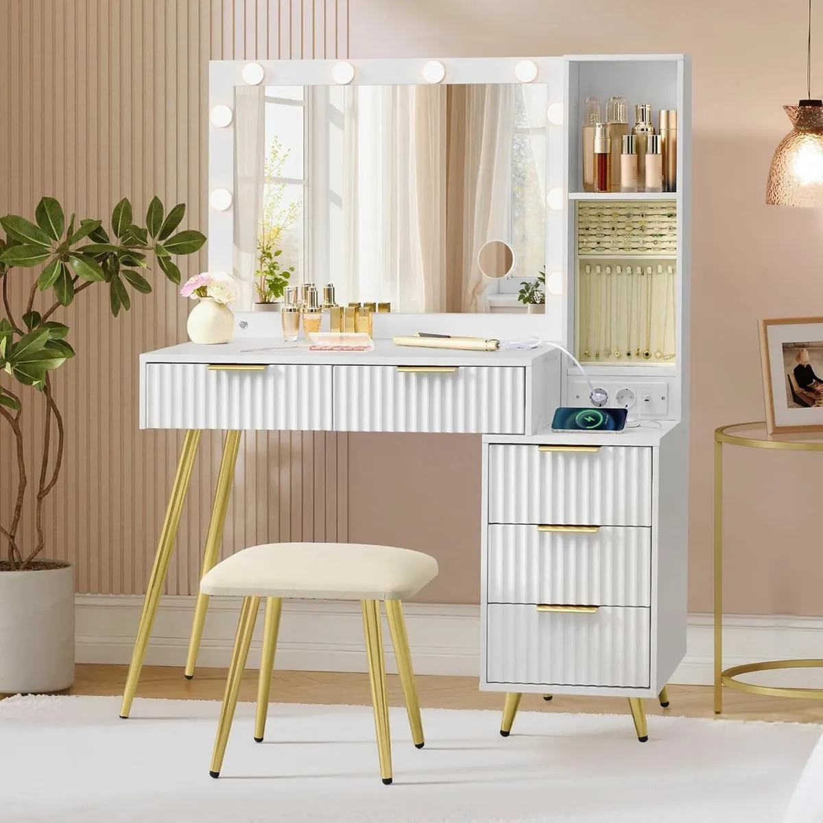 Dressing Table with LED Mirror, Drawers & Stool Wh - Image 1