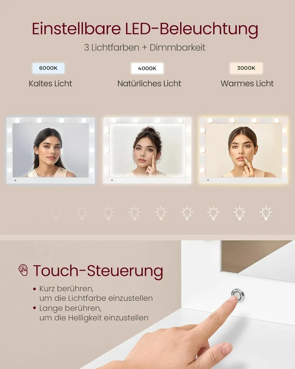 Dressing Table with LED Mirror, Drawers & Stool Wh - Image 3