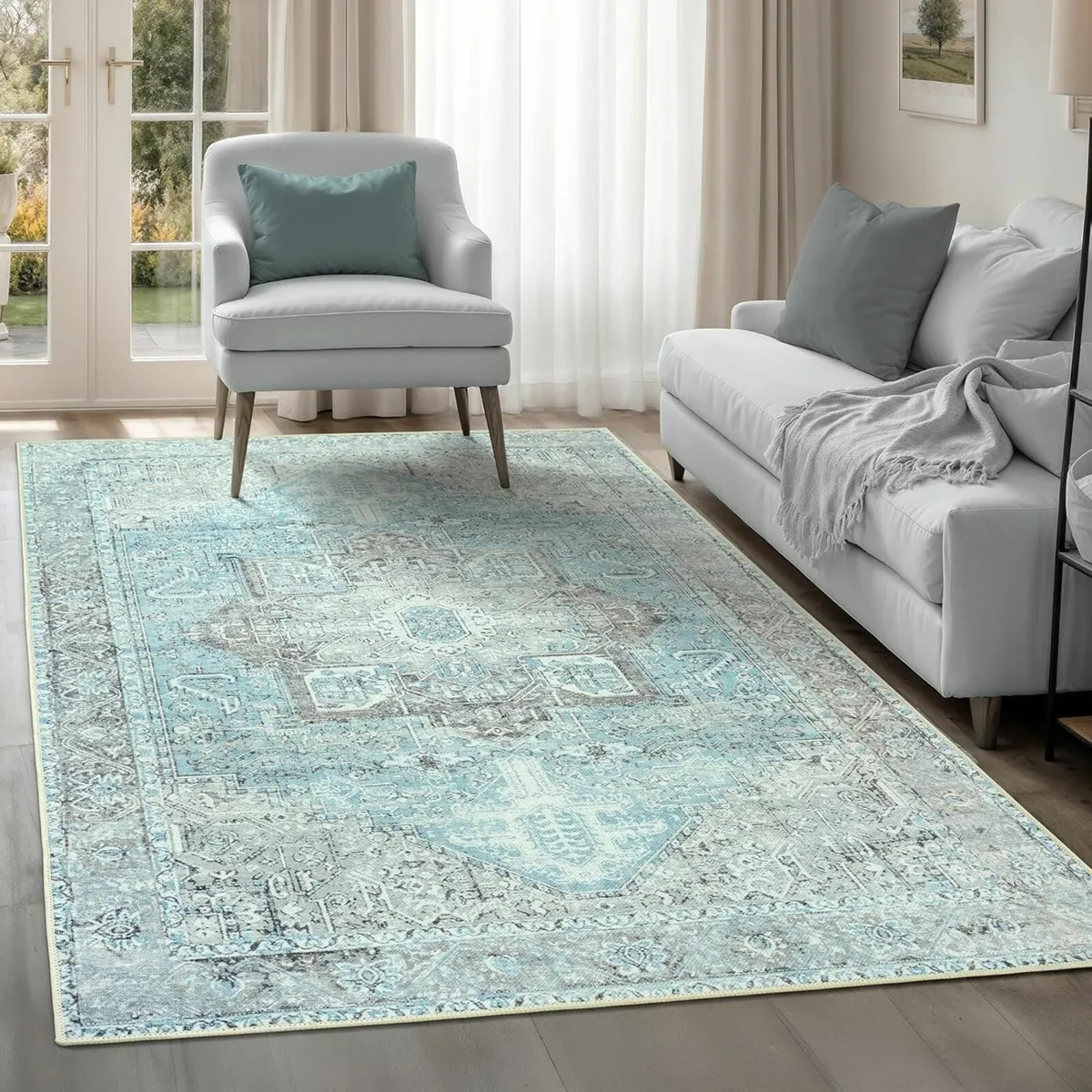 Machine Washable Rug, 122x170cm Cotton Blue - Image 1