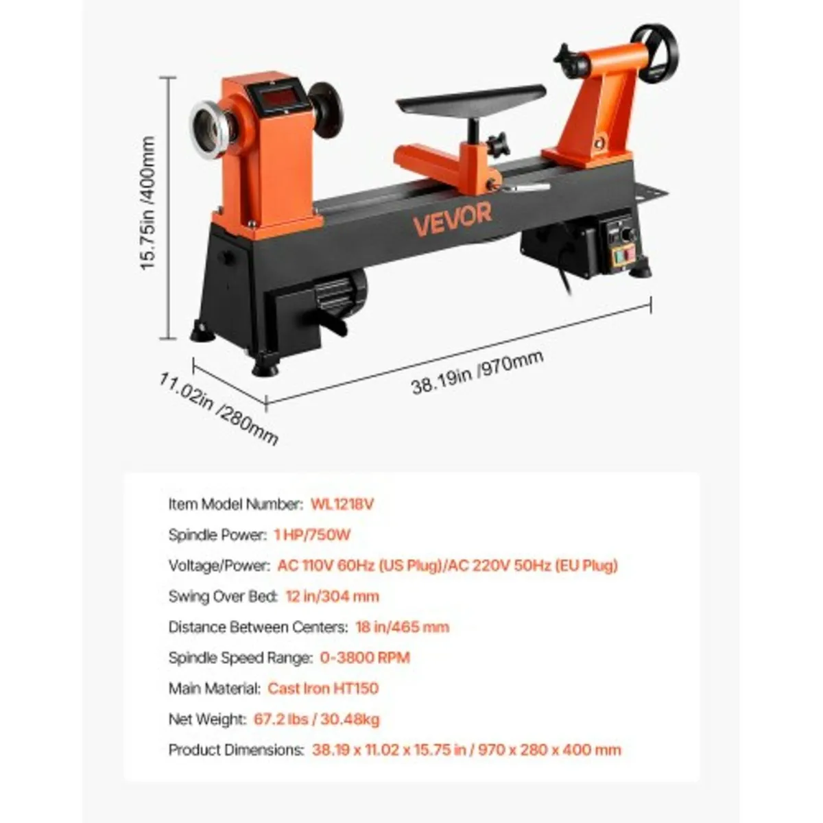 Woodworking Lathe, 750W / 1 HP, Benchtop Wood Lath - Image 4