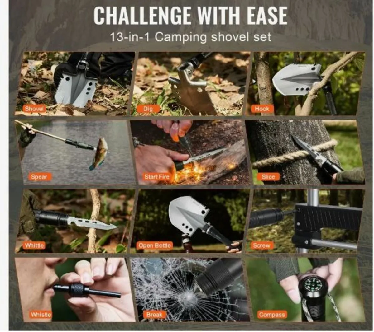 Survival Shovel, 13 in 1 Camping Shovel - Image 3