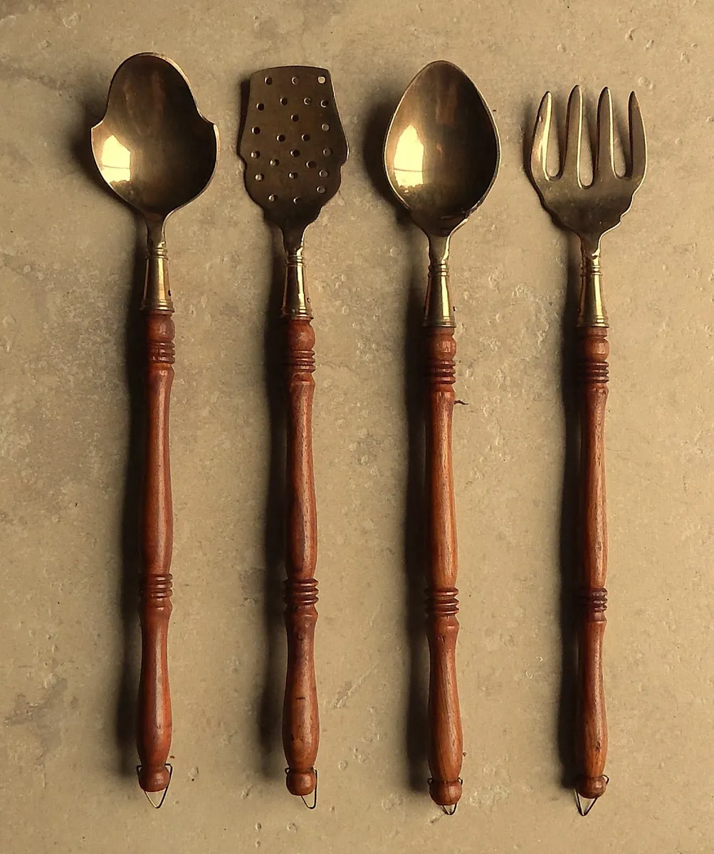 Set of Brass and Wood Hanging Kitchen Utensils - Image 1