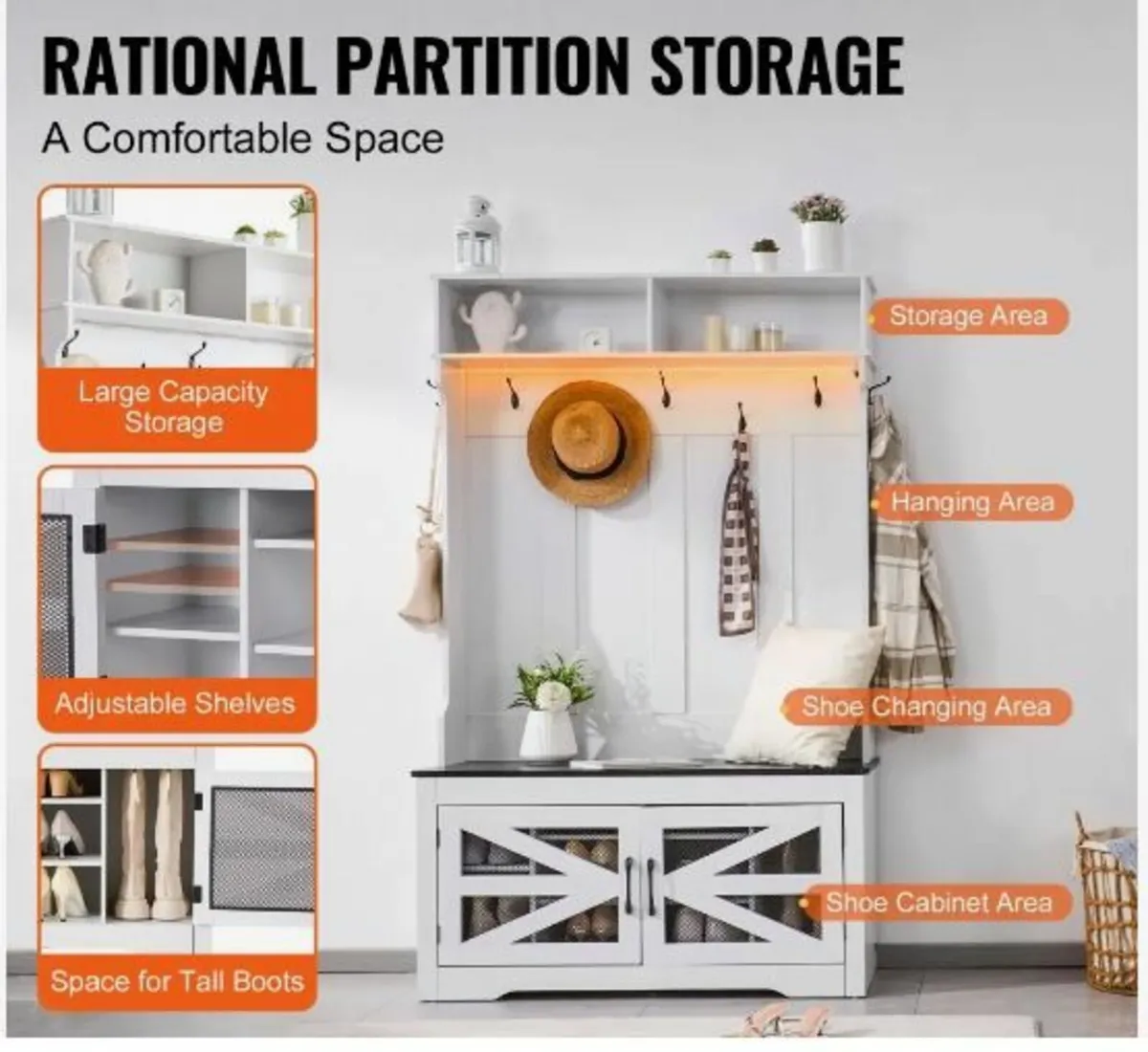Wooden Hall Tree with Bench and Shoe Storage - Image 2