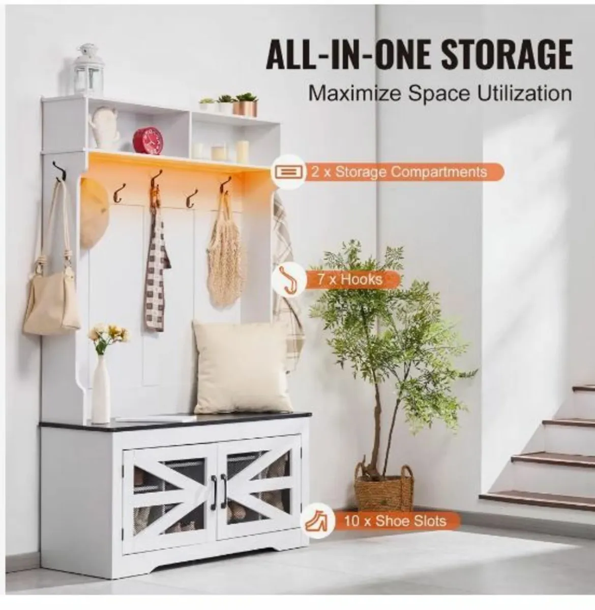 Wooden Hall Tree with Bench and Shoe Storage - Image 3