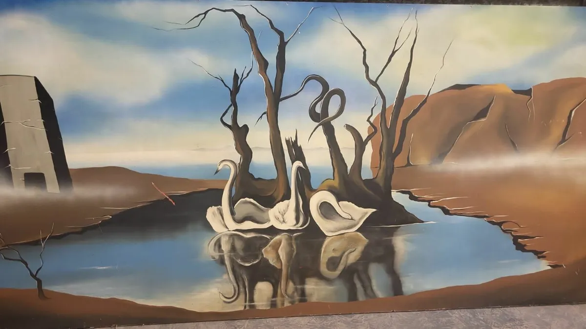Vintage painting swans on lake reflecting elephant - Image 2