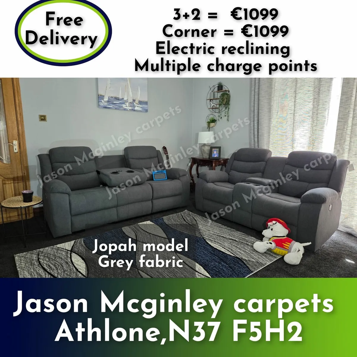 Fully electric reclining  - 3+2 grey fabric sofas - Image 1