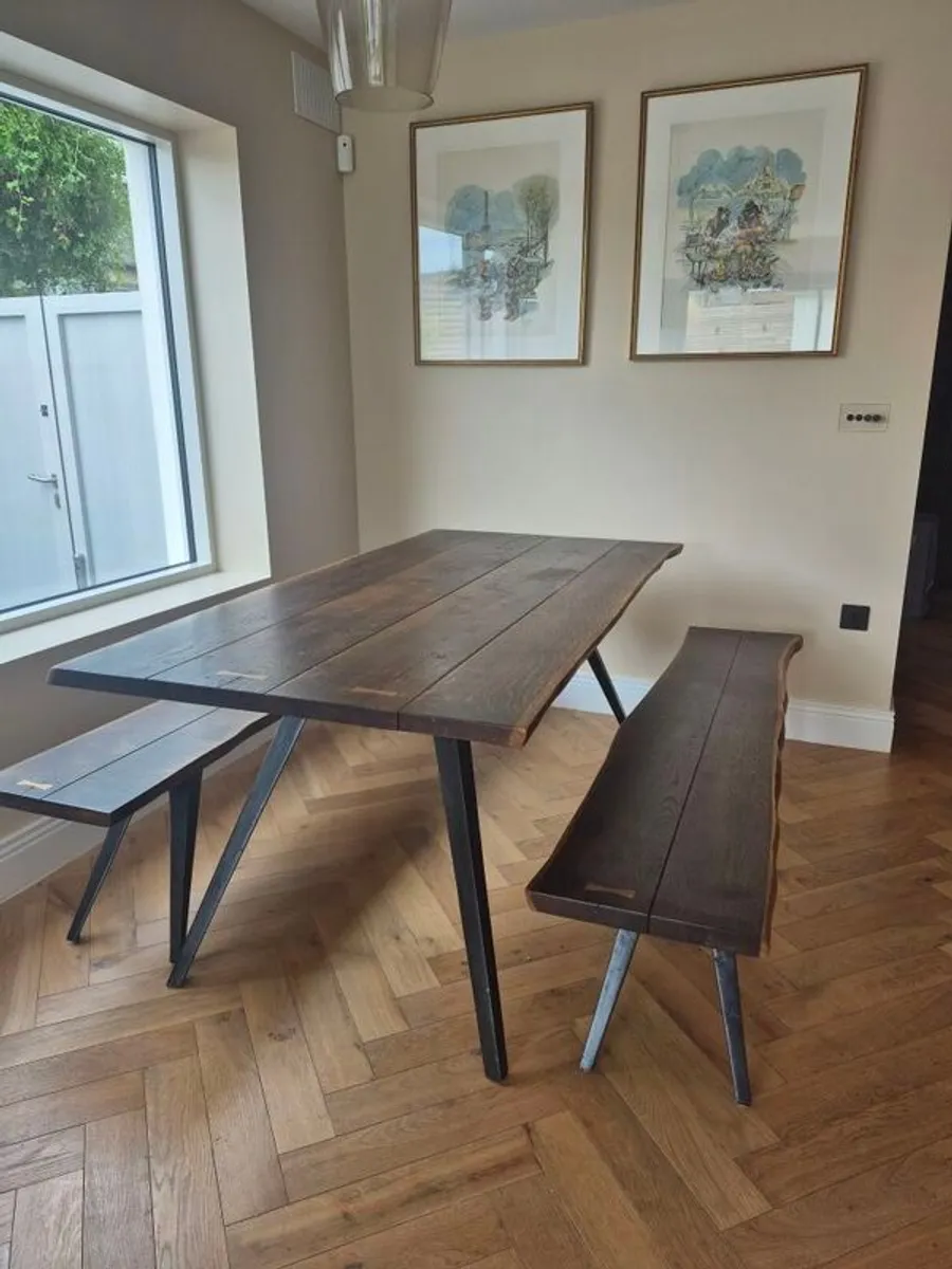 Solid wood dining table and 2 benches. - Image 1