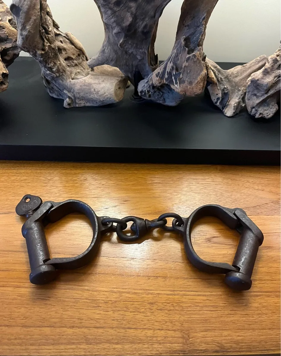Working Vintage British Military Iron Handcuffs - Image 1