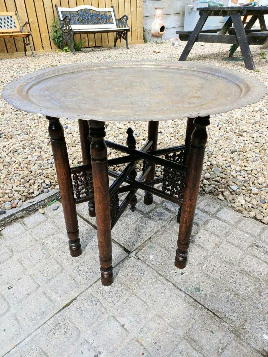2 Antique Moroccan Brass Tray Tables - Image 1