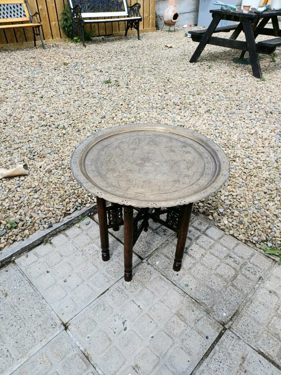 2 Antique Moroccan Brass Tray Tables - Image 2