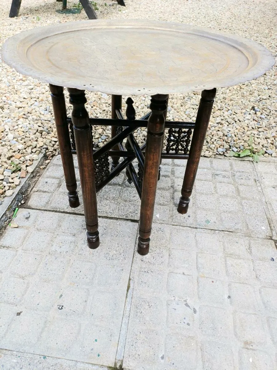 2 Antique Moroccan Brass Tray Tables - Image 4