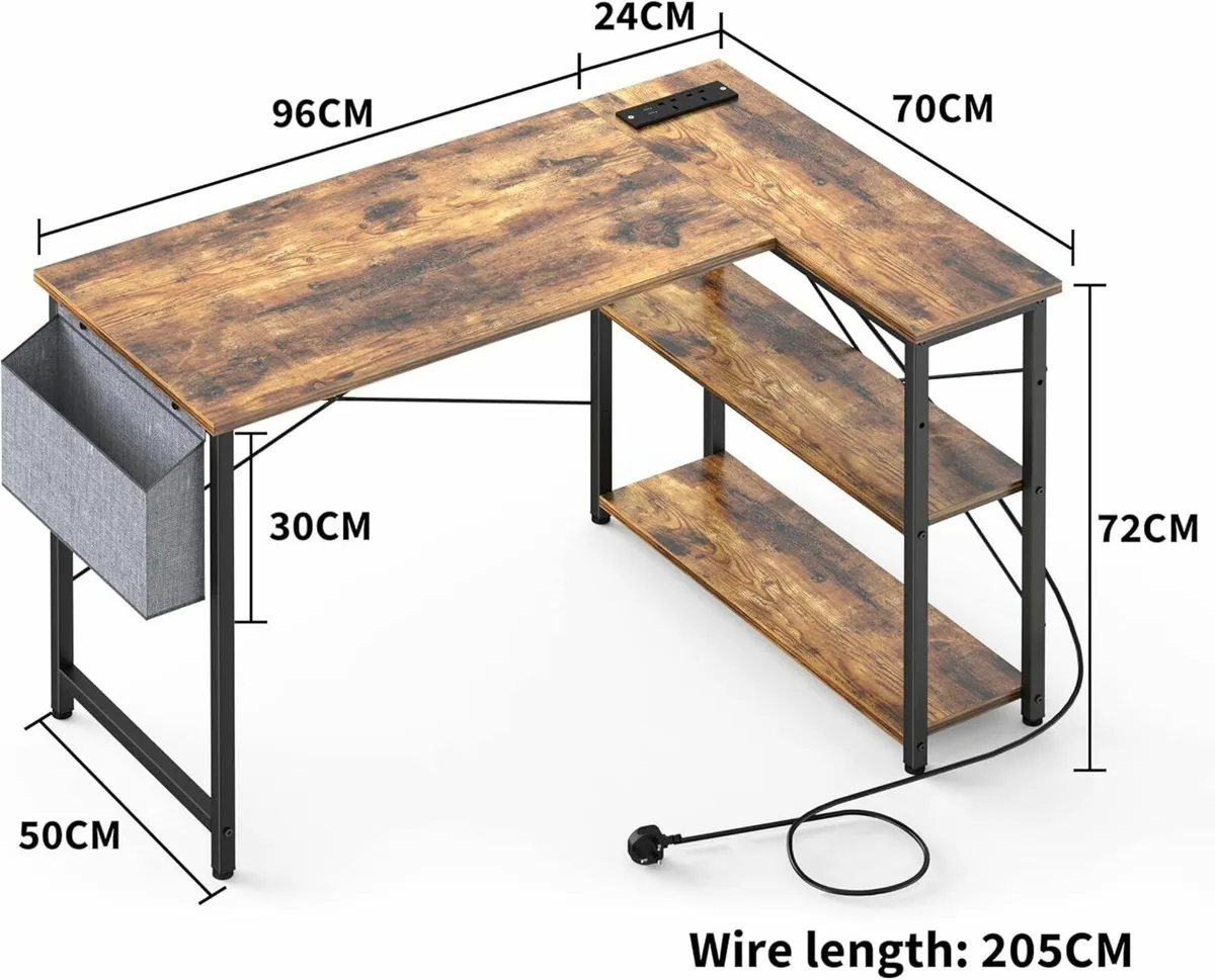 L Shaped Computer Desk Power Outlet 118CM Brown - Image 2