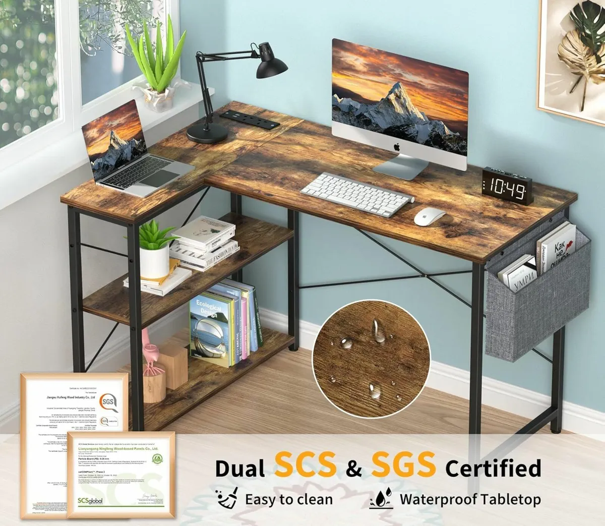 L Shaped Computer Desk Power Outlet 118CM Brown - Image 4