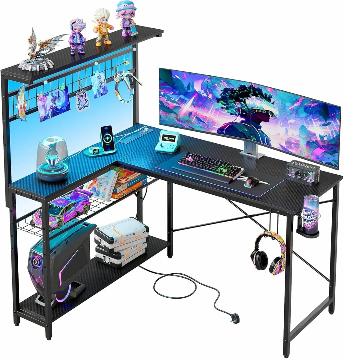 L-Shaped Gaming Desk Power Outlets Office 129cm - Image 4