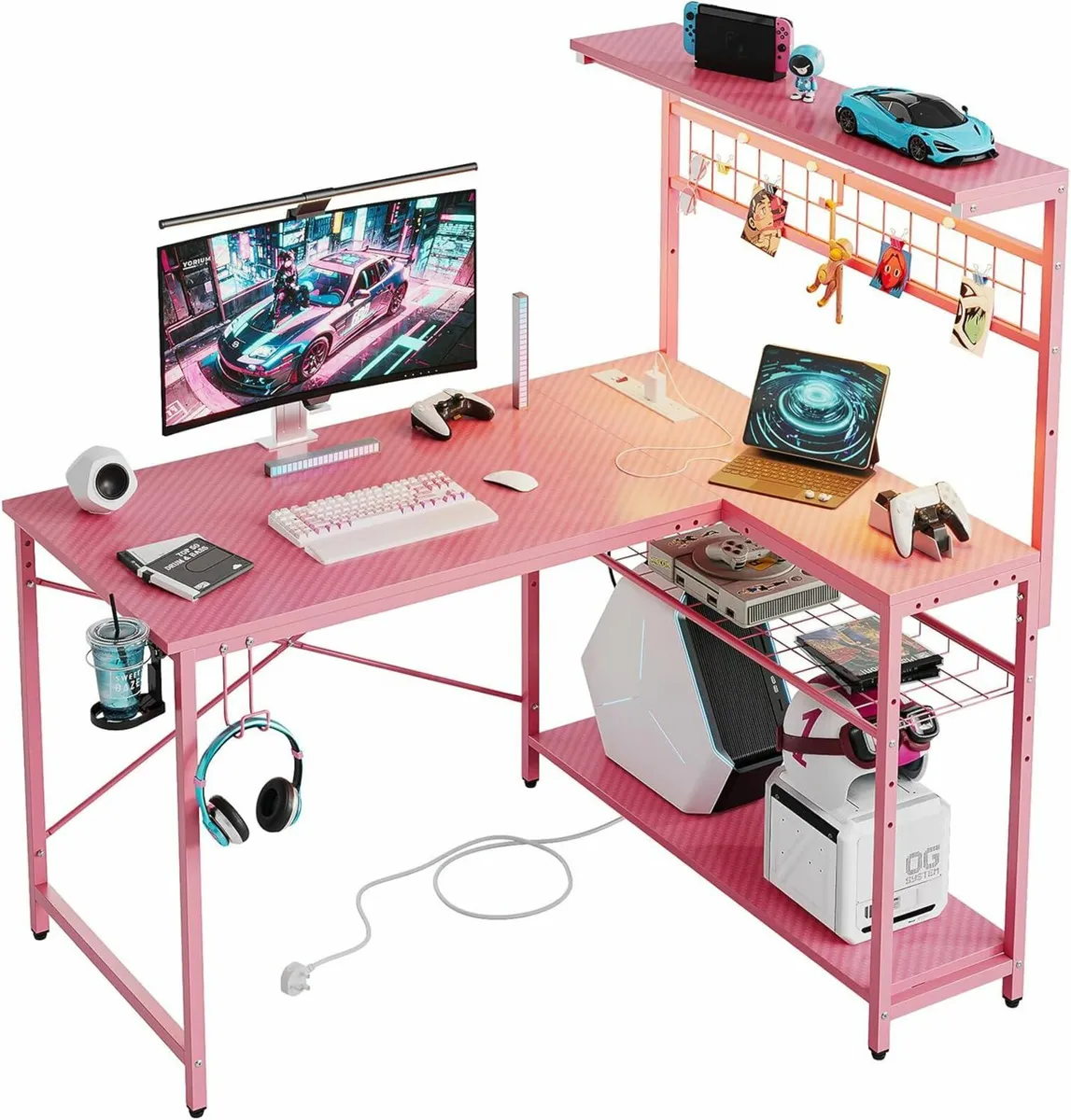 Pink L-Shaped Gaming Desk Power Outlets 106cm - Image 2