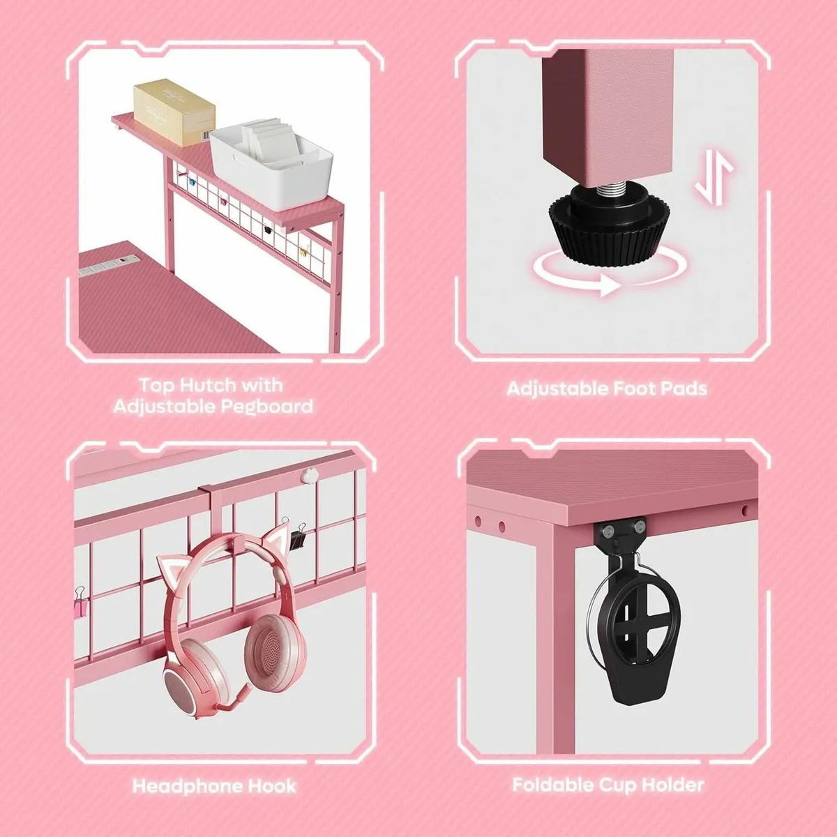 Pink L-Shaped Gaming Desk Power Outlets 106cm - Image 3