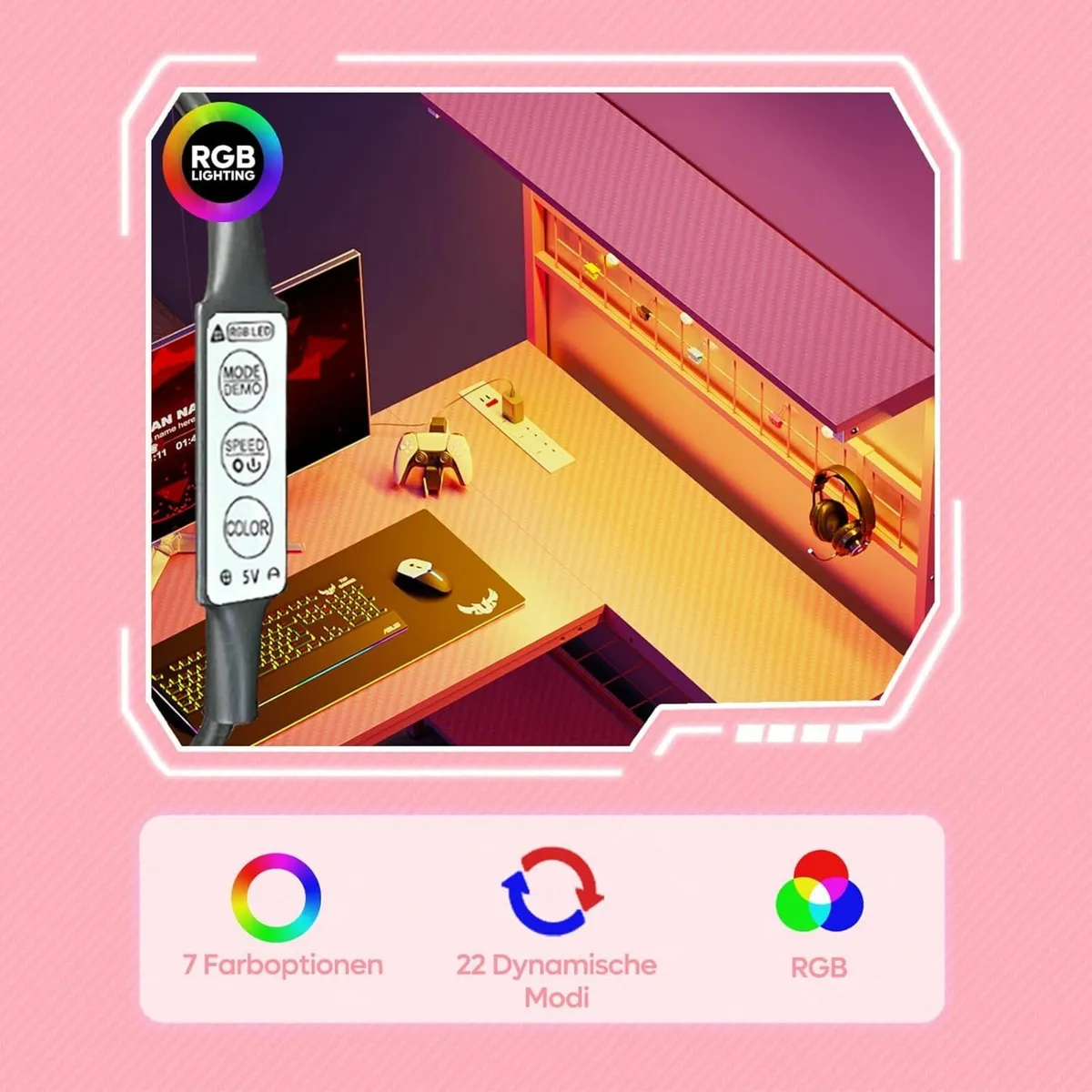 Pink L-Shaped Gaming Desk Power Outlets 106cm - Image 4