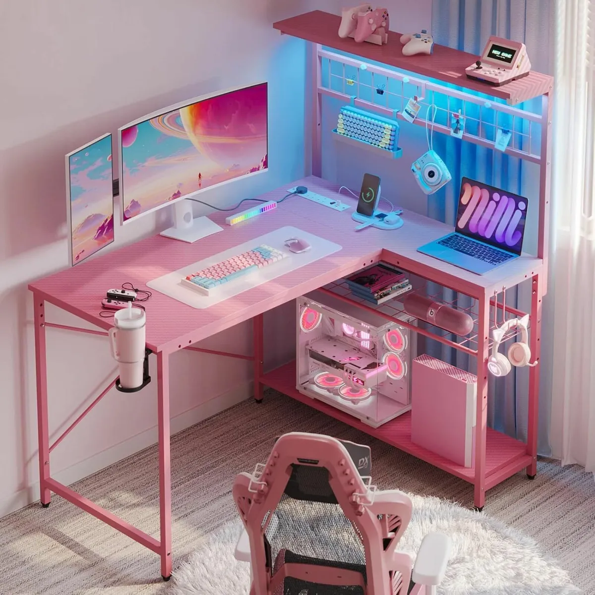Pink L-Shaped Gaming Desk Power Outlets 106cm - Image 1