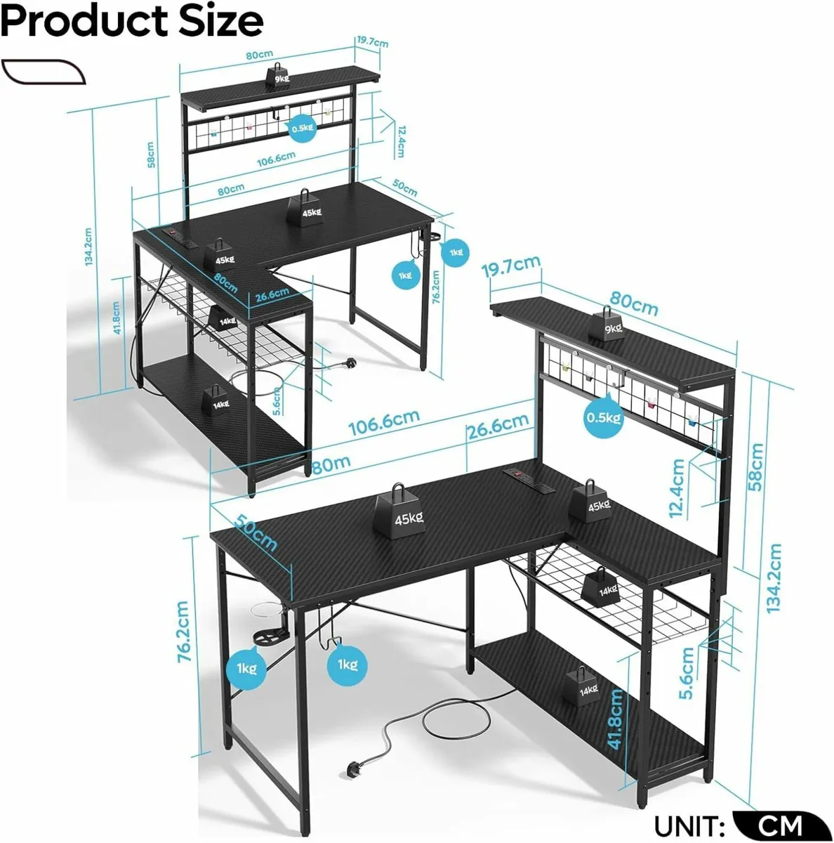 L-Shaped Gaming Desk Power Outlets LED Office106cm - Image 3