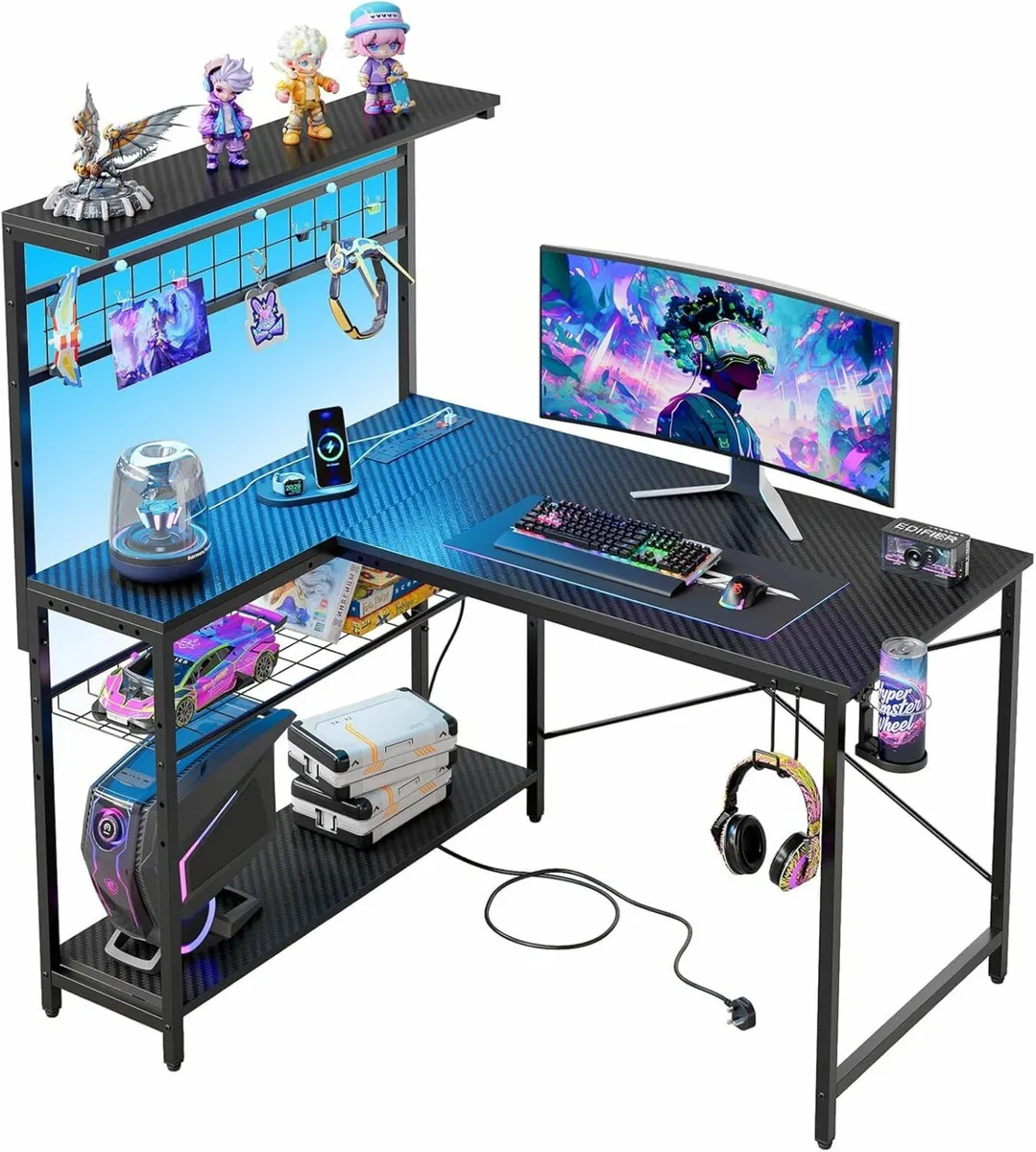 L-Shaped Gaming Desk Power Outlets LED Office106cm - Image 1