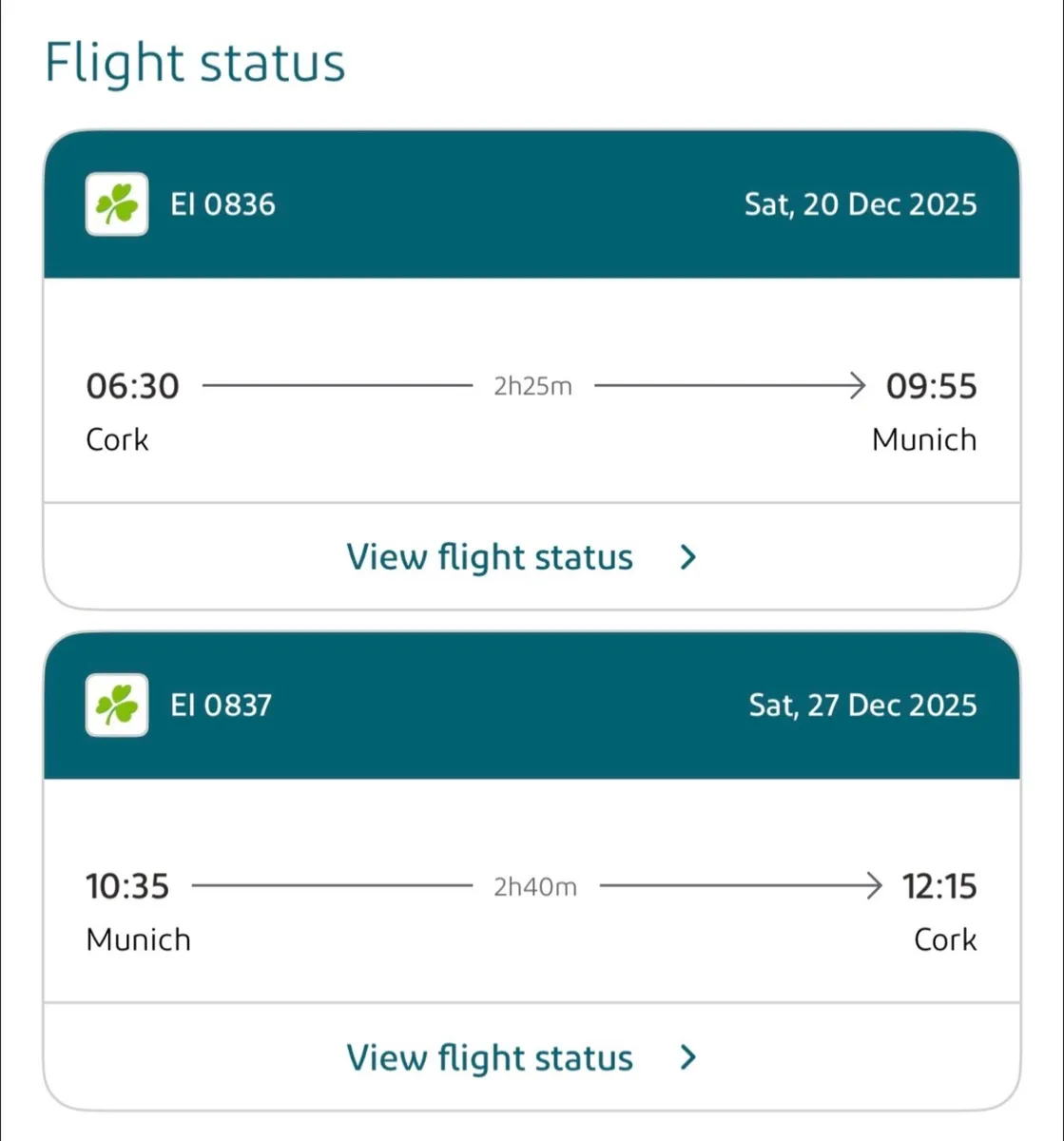 Flight Cork Munich and return 20.12-27.12