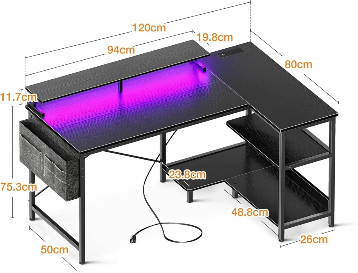 L Shaped Gaming Desk Office LED Lights 120x80 cm - Image 4