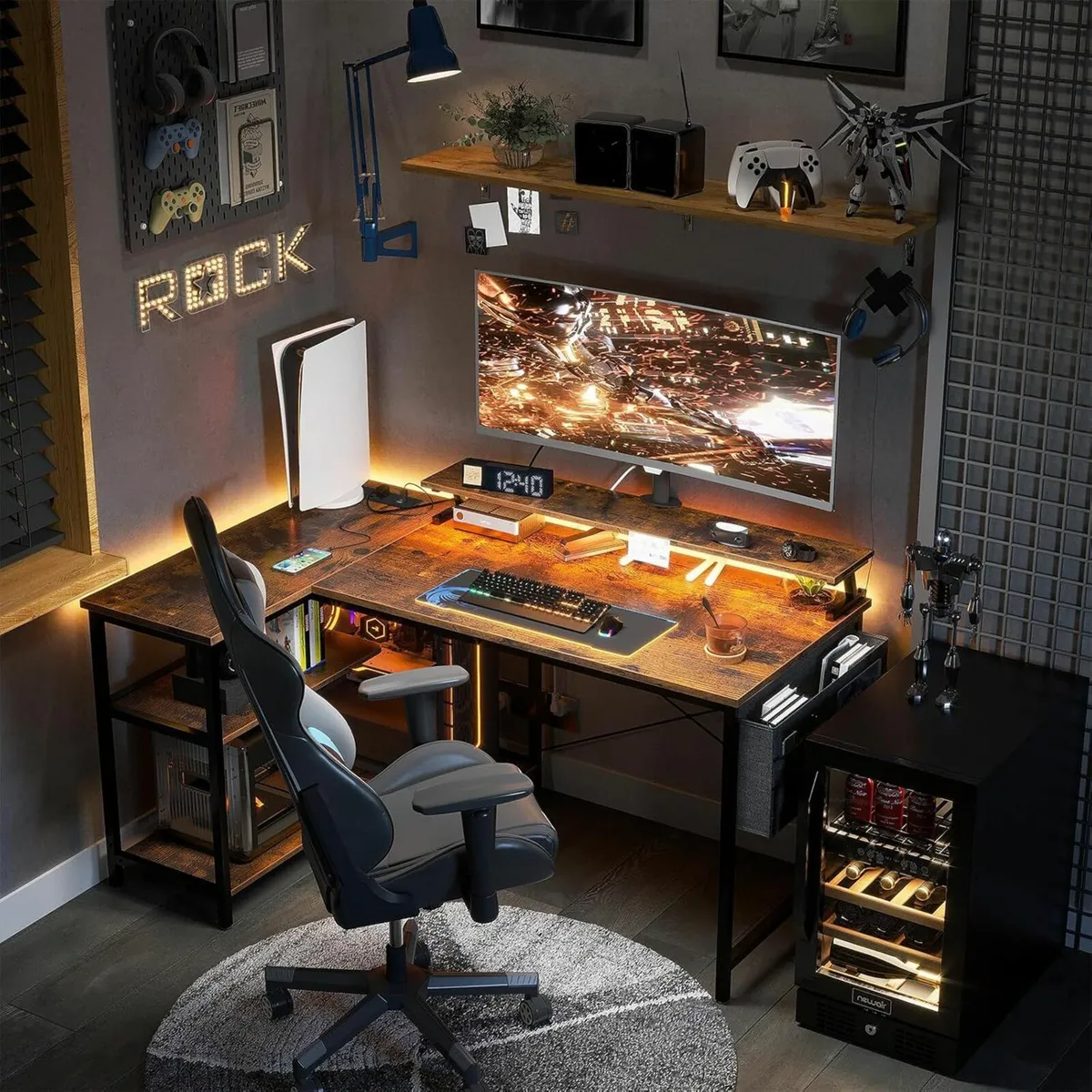 L Shaped Gaming Desk LED Lights 120x80 cm Brown - Image 2