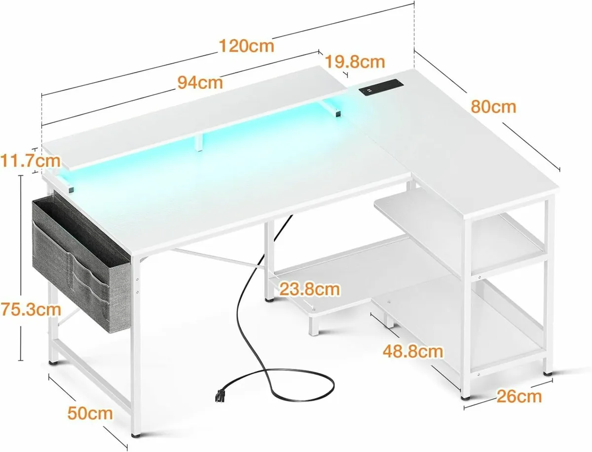 L Shaped Gaming Desk Office LED Lights 120×80cm - Image 3