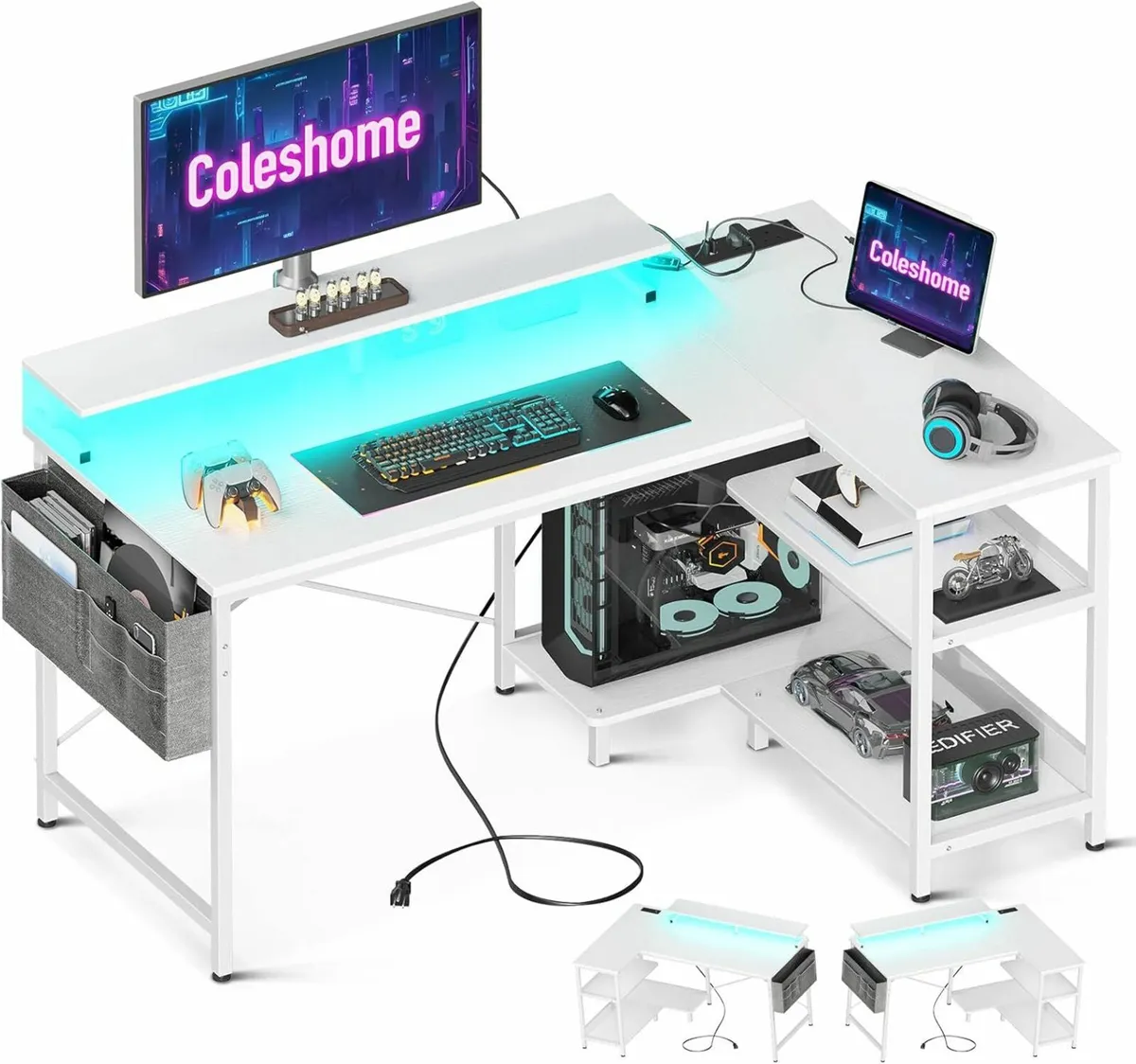 L Shaped Gaming Desk Office LED Lights 120×80cm - Image 2