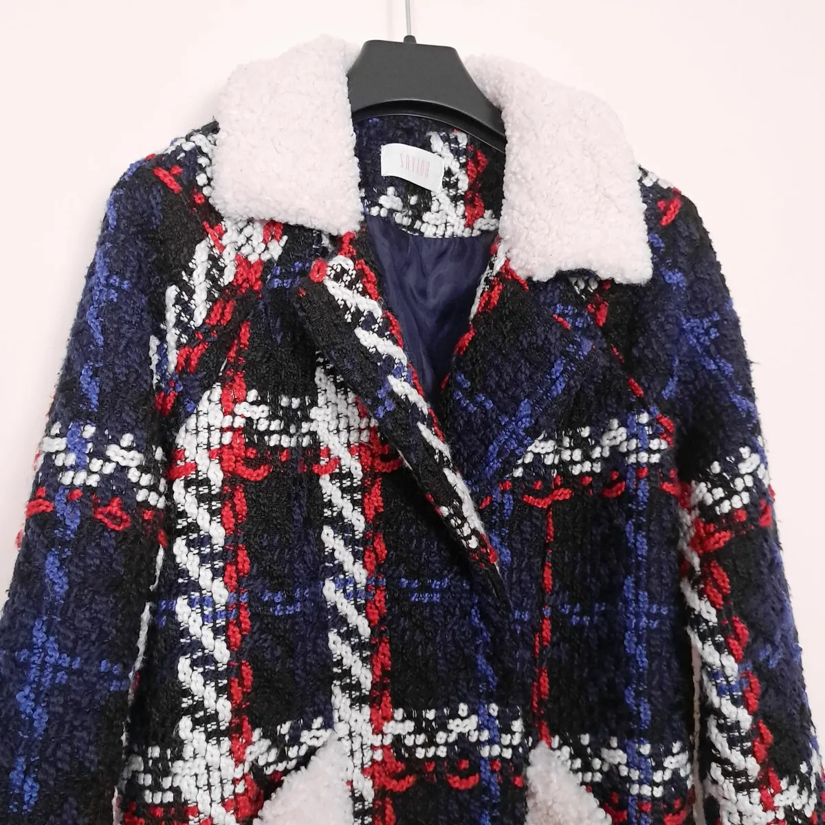 Savida Navy Blue Red Tweed Plaid Coat 8UK/36EU - Image 3