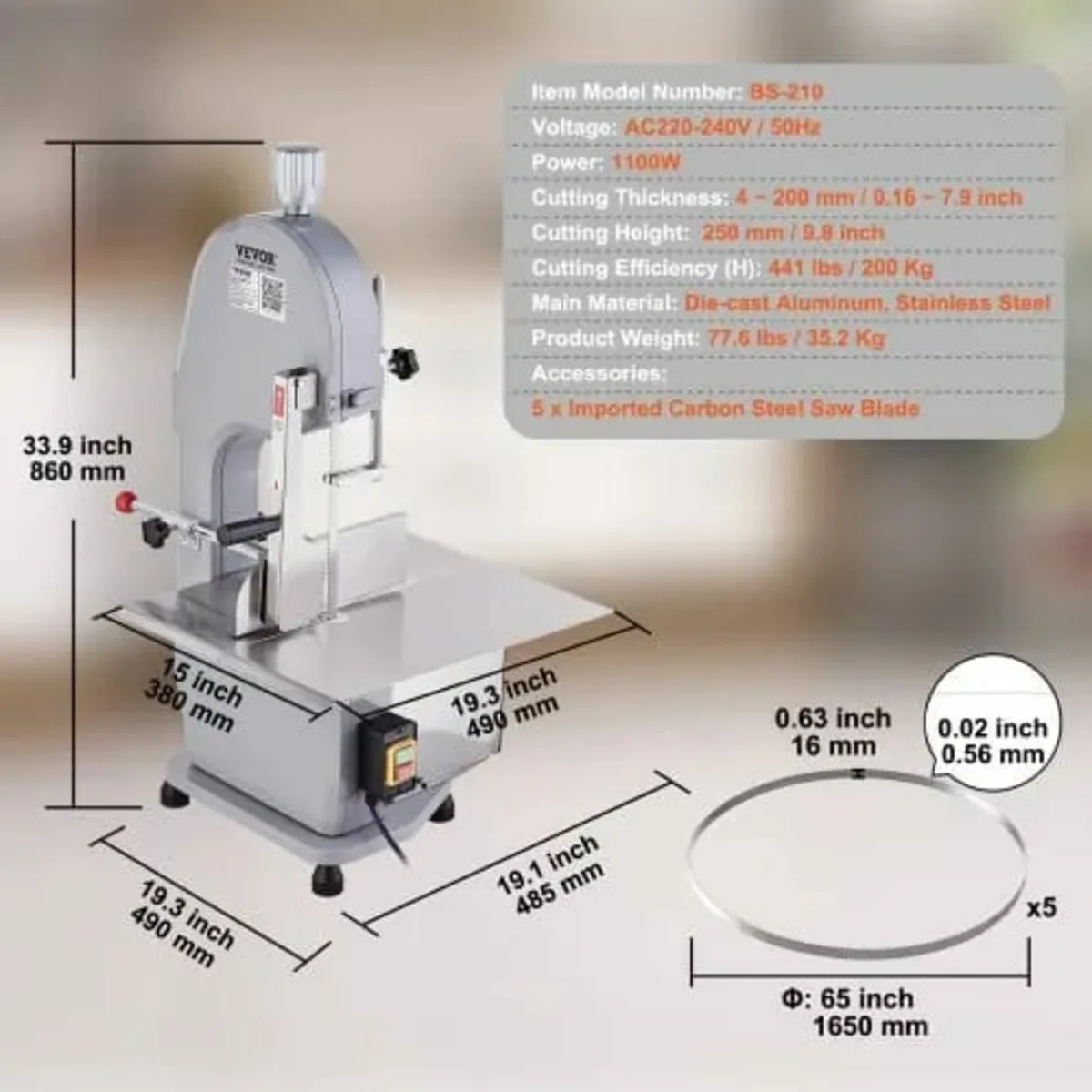 Commercial Electric Meat Bandsaw, 1100W Stainless - Image 3