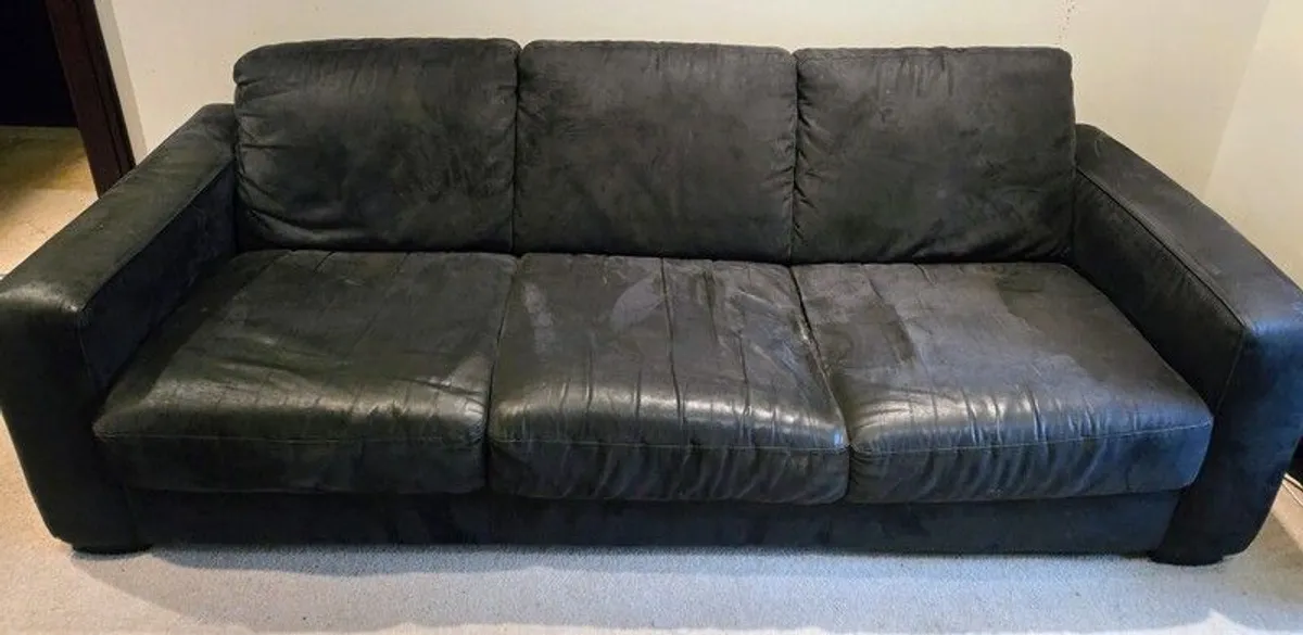Natuzzi black suede-look leather 3-seater sofa and armchair in good condition. - Image 1