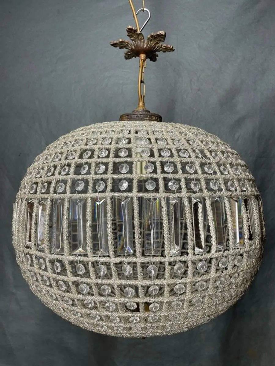 Large Vintage Brass & Glass Spherical Chandelier - Image 4