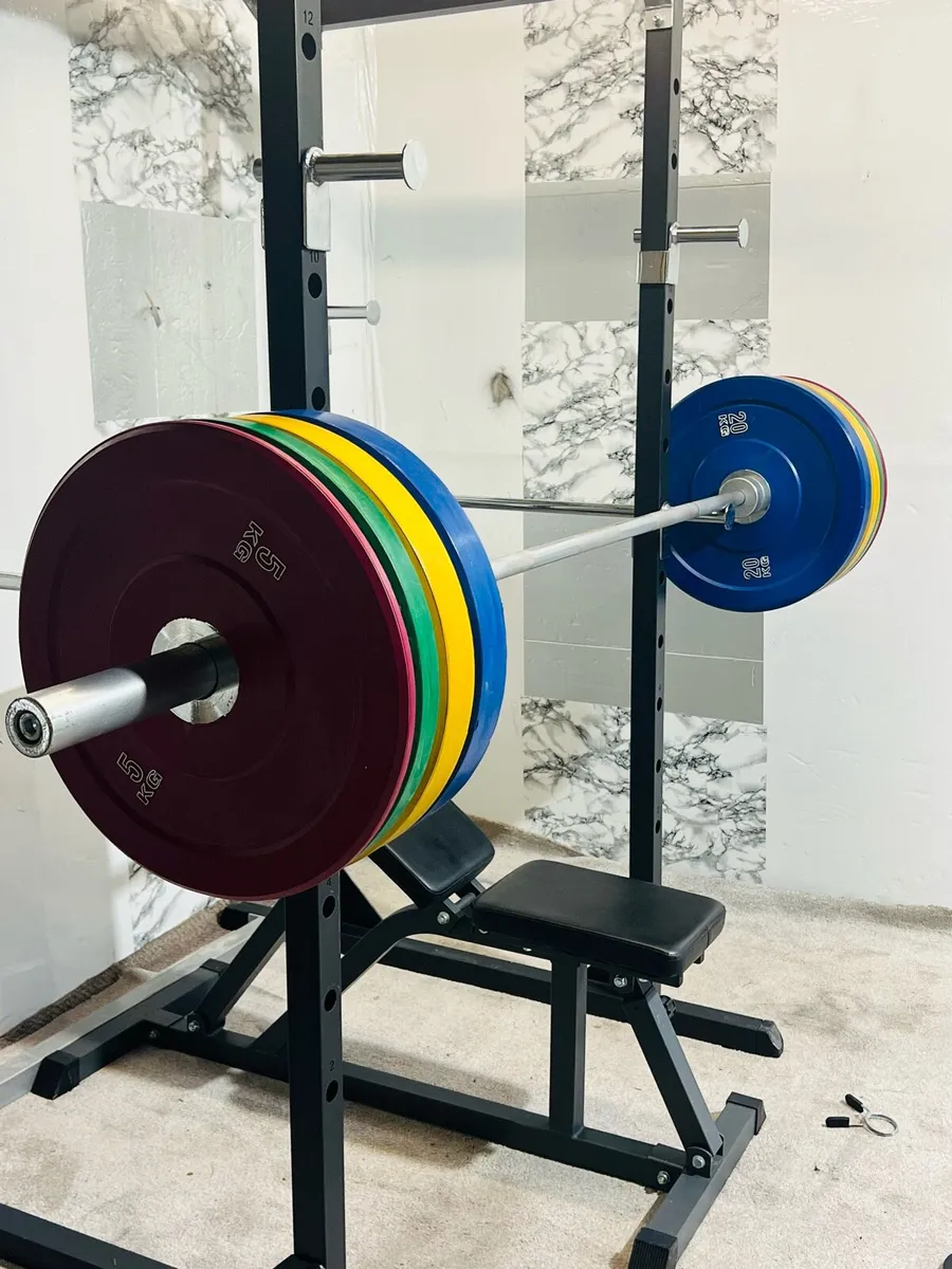 POWER RACK COLOUR PLATES BENCH BAR DUMBBELLS - Image 3