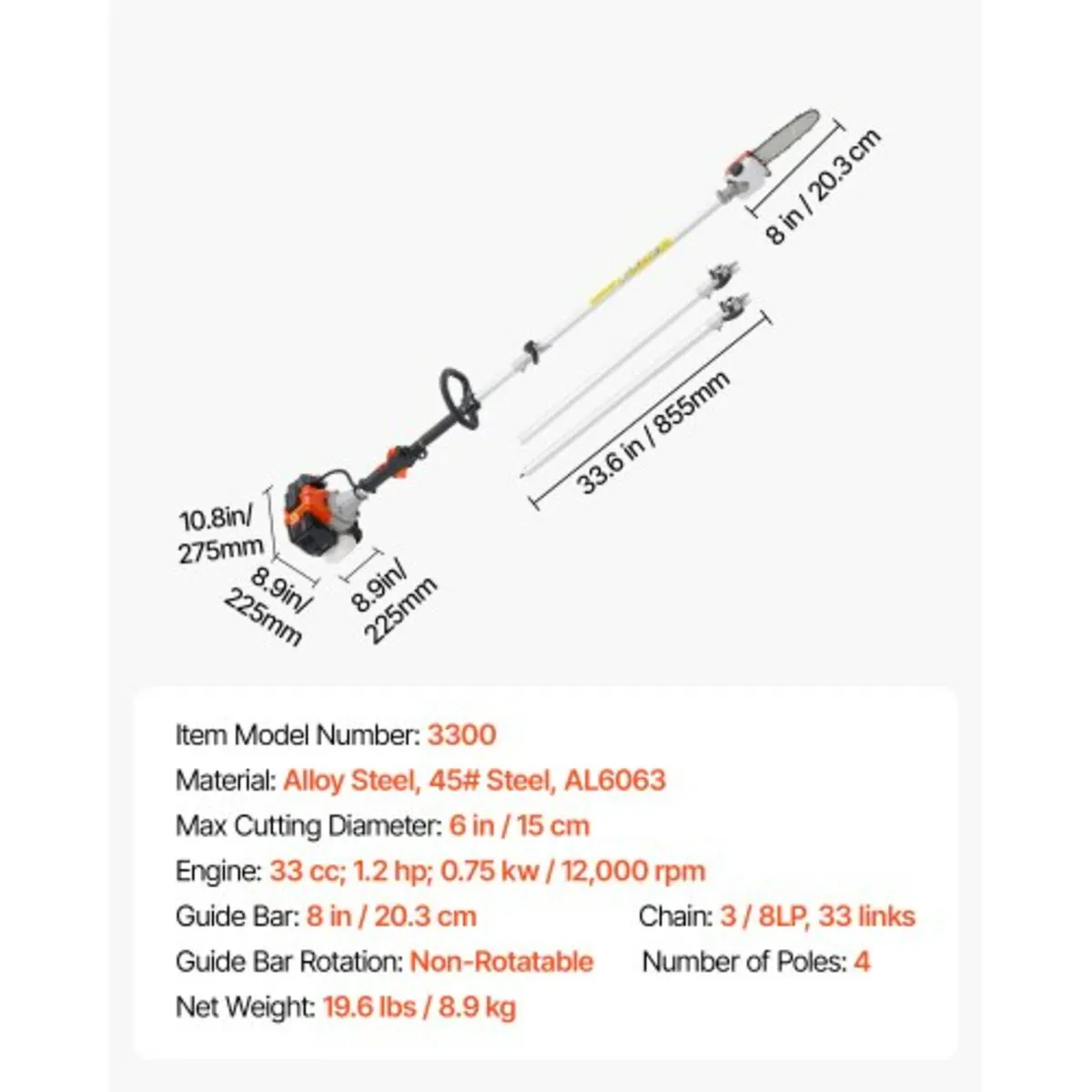 Gas Pole Saw, 33CC 2 Stroke Gas Powered Pole Saws - Image 3