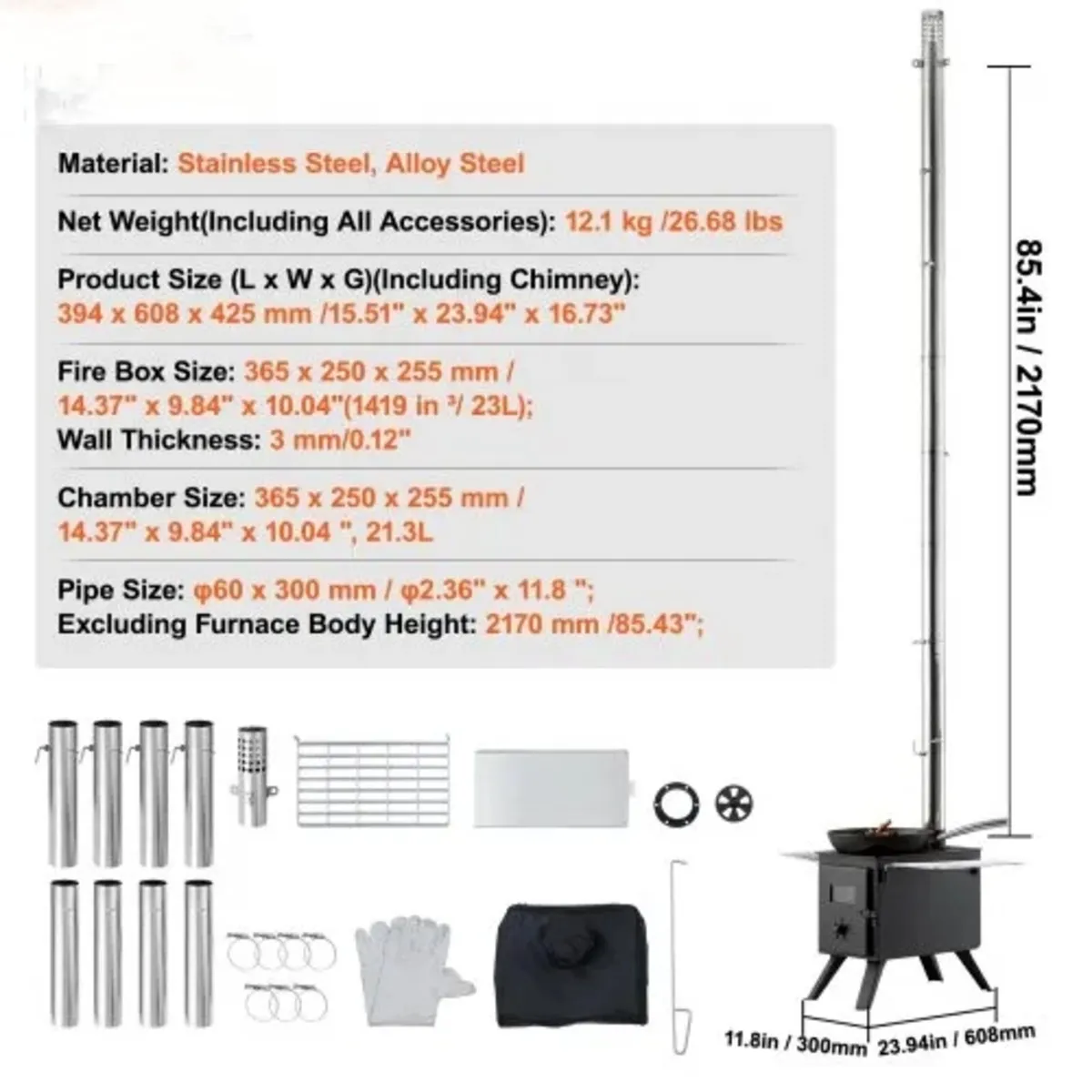 Wood Stove, 218.4 cm, Alloy Steel Camping Tent Sto - Image 3