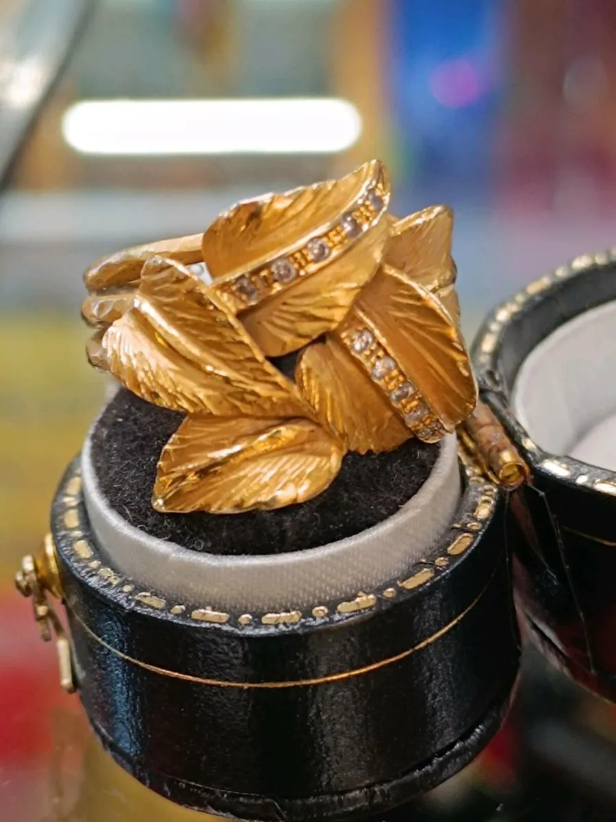 14k Yellow Gold  Diamond Botanical Leaf Ring - Image 2