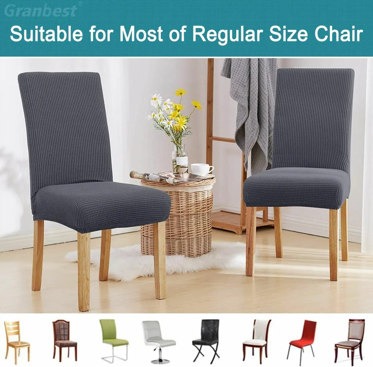 Set of 4 Grey High Stretch Dining Chair Slipcovers - Image 1