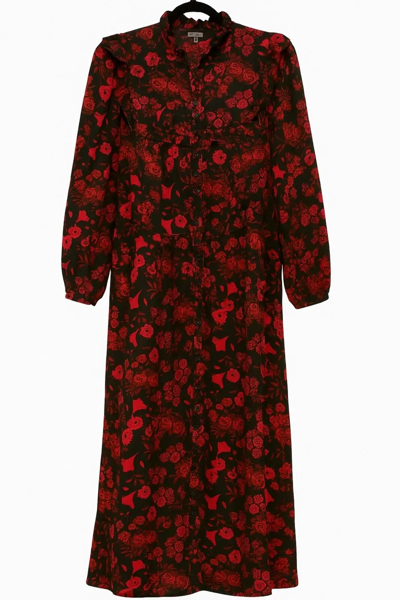AS NEW Red and Black Floral Dress: Size 12 - Image 2