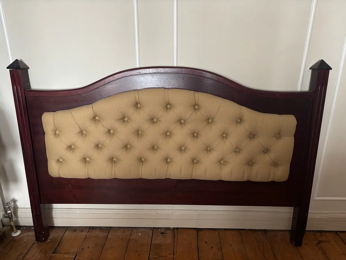 Mahogany double headboard gold upholstery - Image 1