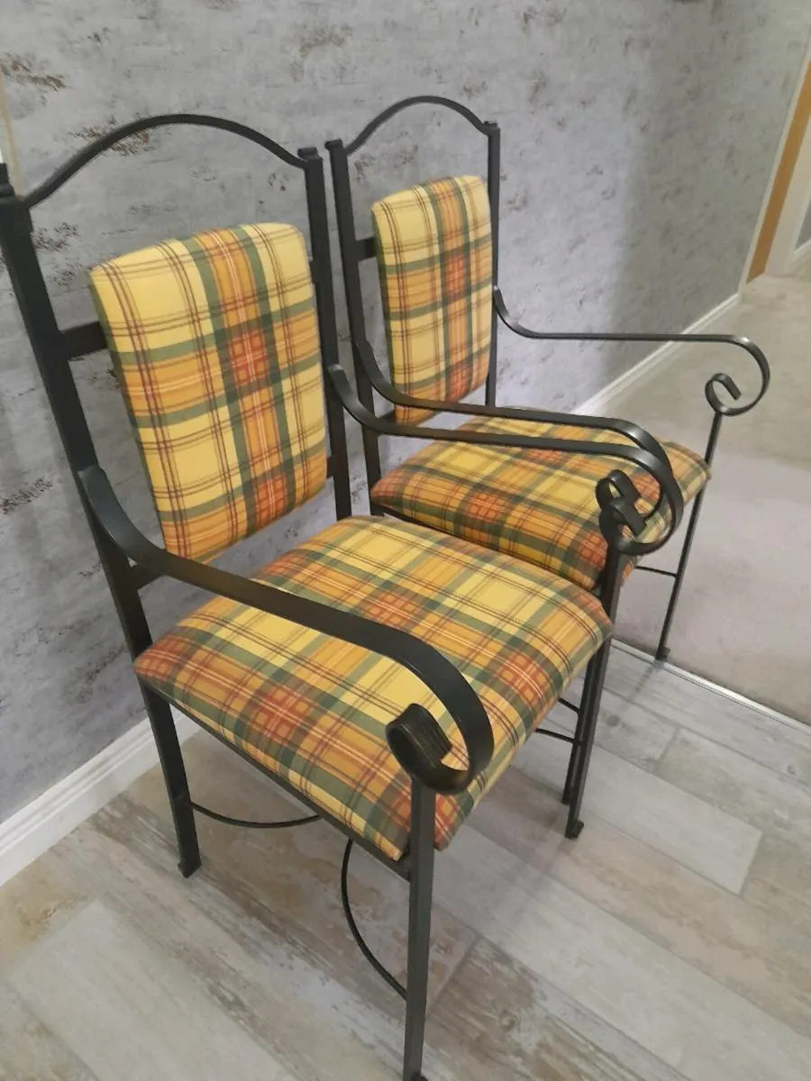 TWO UPHOLSTERED WROUGHT IRON CHAIRS - Image 1