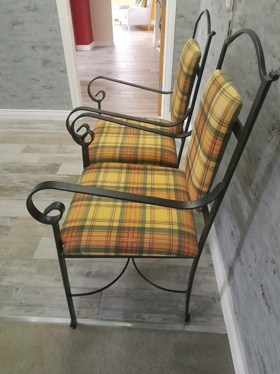 TWO UPHOLSTERED WROUGHT IRON CHAIRS - Image 2