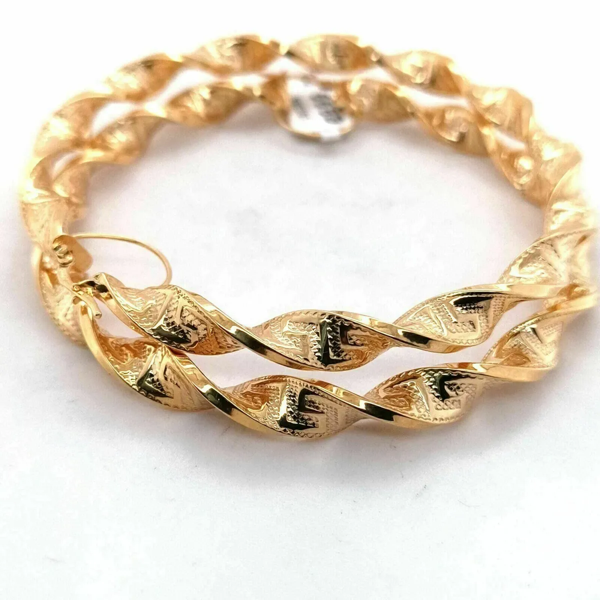 9k Gold Large Hoops Earrings, Greek Key Detail - Image 1