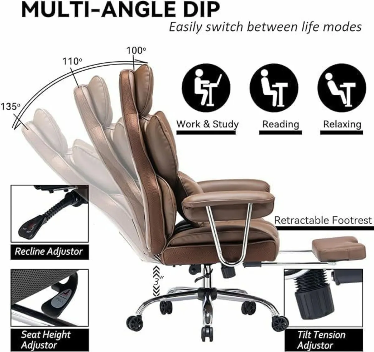 Desk Office Chair, PU Leather Ergonomic Adjustable - Image 3