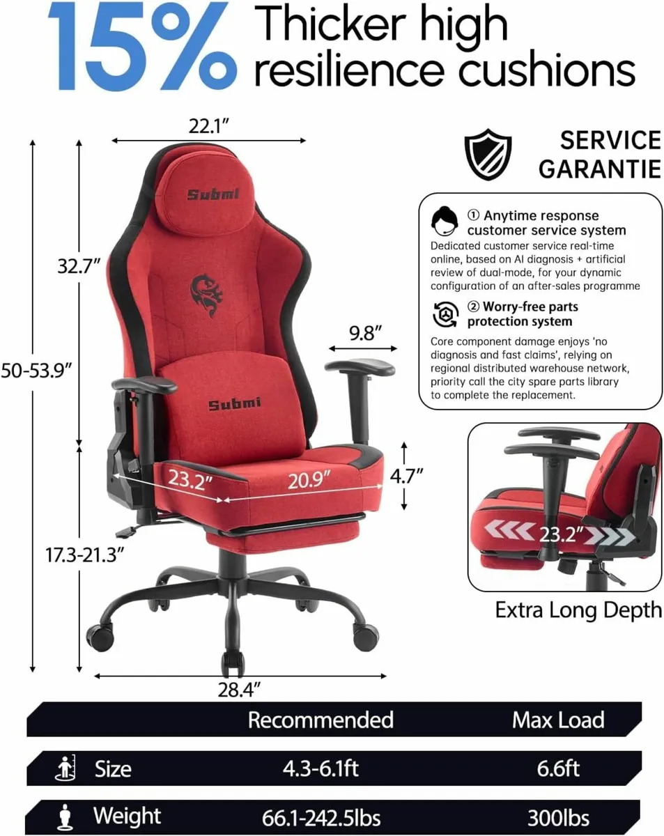Ergonomic Gaming Chair, High Back Gaming Red - Image 3