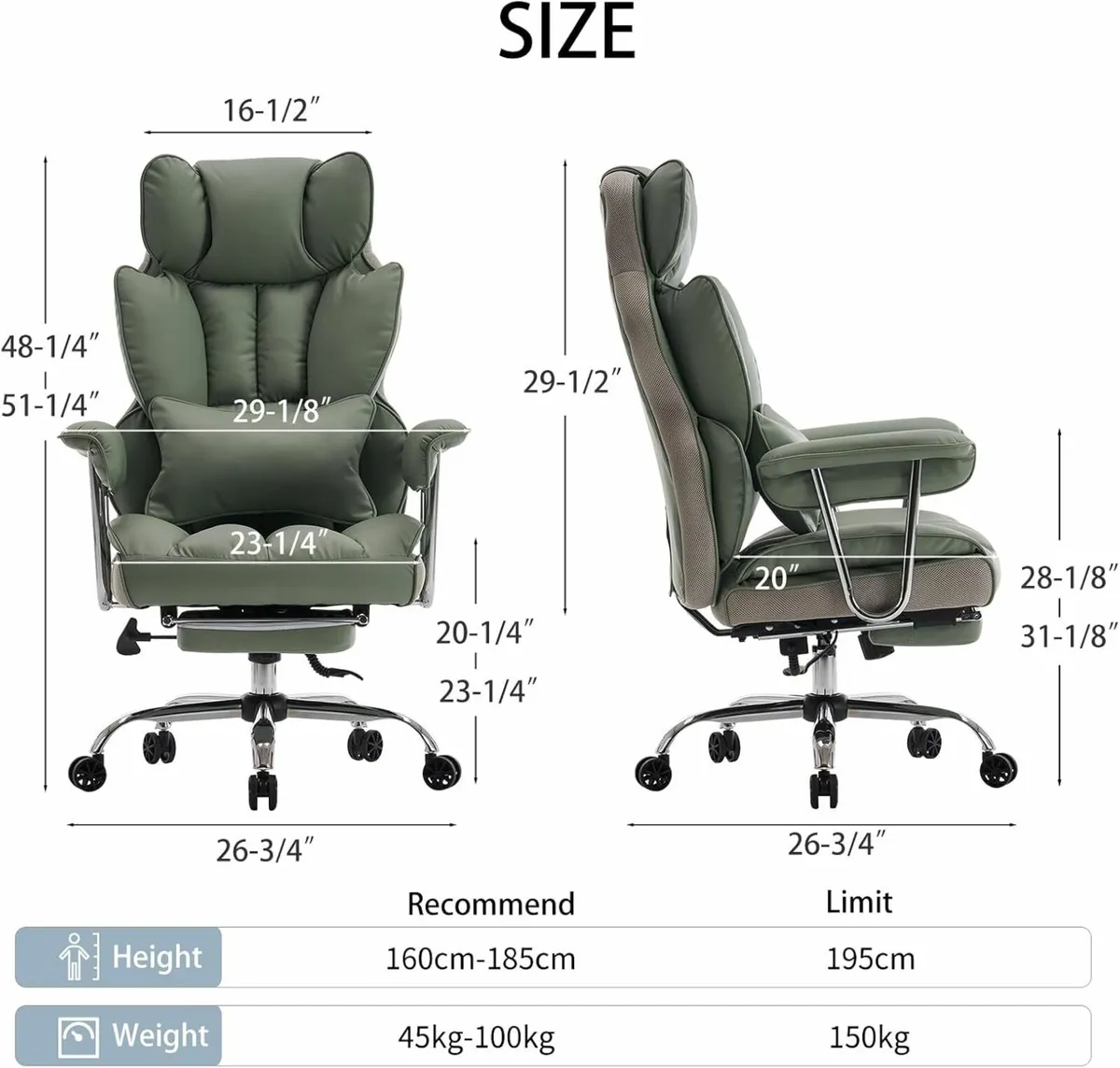 Desk Office Chair Big PU Leather Ergonomic Green - Image 4