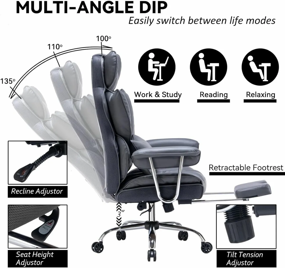 Desk Office Chair Big PU Leather Ergonomic - Image 3